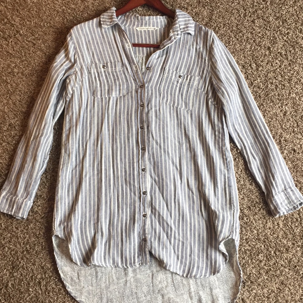 Hippie Striped Denim Boyfriend Shirt//Dress Large